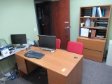 WOOD DESK, FOLDING TABLE, WOOD CABINET & (2) CHAIRS