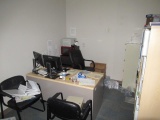 CONTENTS OF OFFICE - DESK, CHAIRS, BOOKCASE, FILE CABINET, MICROWAVE, PRINTER & (2) DELL MONITORS