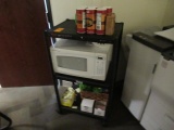 ROLLING CART W/ MICROWAVE & COFFEE CONDINMENTS
