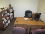 WOOD DESK, SHELVES, CABINET & ASSORTED CHAIRS