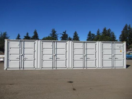 40' HIGH CUBE SHIPPING CONTAINER W/ (4) SIDE DOORS & SWING DOOR AT ONE END (LOCK BOXES ON EACH DOOR)