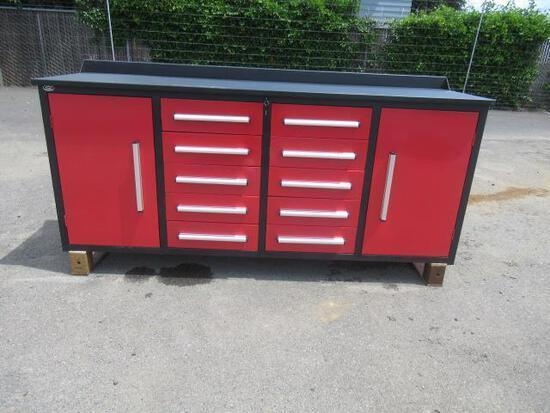 STEELMAN 7' METAL WORK BENCH W/ 10 DRAWERS, 2 END CABINETS & ANTI SLIP LINERS (UNUSED)