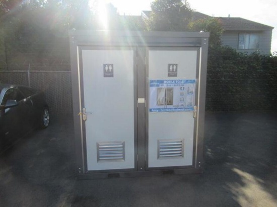 2020 BASTONE 110V PORTABLE BATHROOM UNIT, (2) INDIVIDUAL STALLS EACH W/ TOILET AND SINK (UNUSED)