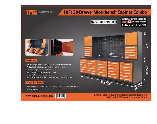 TMG WBC30D 10' 30 DRAWER WORKBENCH CABINET COMBO W/ 68'' PEGBOARD