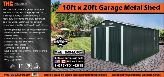 TMG MS1020 METAL GARAGE SHED W/ DOUBLE DOORS & SIDE DOOR