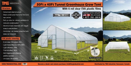 TMG GH3040 TUNNEL GREENHOUSE GROW TENT W/ 6 MM CLEAR EVA PLASTIC