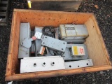 CRATE W ASSORTED ELECTRICAL PANELS & BREAKERS