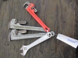 (2) 18'' ALUMINUM PIPE WRENCHES, (1) 14'' HEAVY DUTY PIPE WRENCH, & (1) 300MM ADJUSTABLE WRENCH