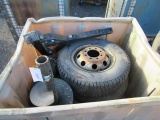 LOT OF (5) ASSORTED TIRES & WHEELS, AUGER BIT, ATTACHMENT ARM IN A PLASTIC TOTE