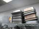 CONTENTS OF SHELF - ASSORTED STAINLESS STEEL WARMING TRAYS & PLASTIC INGREDIENT CONTAINERS