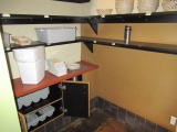 CONTENTS OF SHELVES - ASSORTED DISHES, UTENSILS & BASKETS