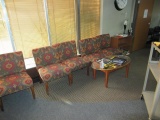 (5) UPHOLSTERED CHAIRS, COFFEE TABLE & WOOD BOOK CASE