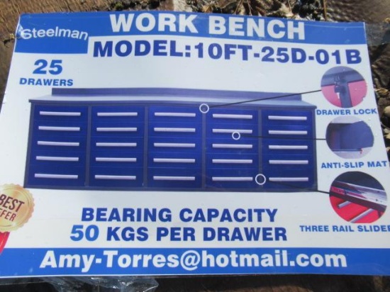 2021 STEELMAN 10' WORKBENCH W/ (25) DRAWERS, W/ ANTI SLIP MATS (UNUSED) (BLUE IN COLOR)