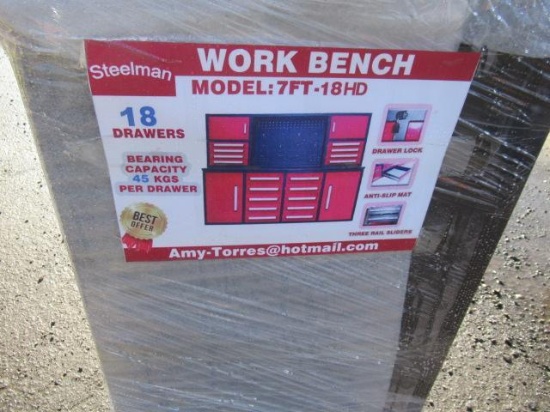 2020 STEELMAN 7' WORK BENCH W/ (18) DRAWERS & (4) STORAGE CABINETS, W/ ANTI SLIP MATS, (UNUSED) (RED