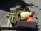 ASSORTED HAND TOOLS, WEED SPRAYER, GAS CAN, EMERGENCY CAR KIT & MISC