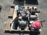 PALLET W/ HONDA 5 HP GAS MOTOR, ELETRIC MOTOR & ASSORTED TOOLS