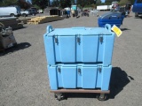 2 PLASTIC STACKABLE STORAGE CONTAINERS ON ROLLING CART