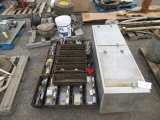 PALLET W/ ASSORTED WRENCHES, SOCKETS, NAILS, SCREWS, TOOL TRAYS & METAL CABINET