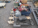 PALLET W/ ASSORTED POWER TOOLS, (2) MECHANICS CREEPERS & HOMELITE CHAINSAW