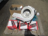 PALLET W/ ELECTRIC FLOOR FAN, GAS CAN, (3) BOXES OF SELF DRILLING SCEWS, ASSORTED AIR LINES & RUBBER