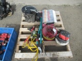PALLET W/ JUST-RITE METAL FUEL CAN, JUMPER CABLES, BONAIRE ELECTRIC BUFFER, KEURIG COFFEE MAKER,