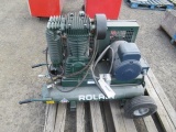 ROLAIR ELECTRIC TWIN TANK AIR COMPRESSOR W/ LEESON ELECTRIC MOTOR, 220 VOLT