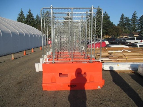 (12) YODOCK 6' PLASTIC BARRICADES W/ 5' TALL CHAINLINK FENCE SECTIONS