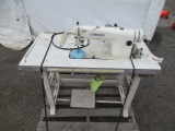 UNICORN INDUSTRIAL SEWING MACHINE ON BENCH W/ FOOT PEDALS, *BROKEN HANDLE & SPOOL HOLDER*