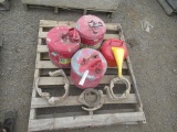 PALLET W/ (4) METAL GAS CANS, (3) PIPE CLAMPS & PRY BAR