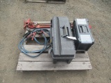 PALLET OF (2) PLASTIC TOOL BOXES W/ TOOLS, HI-LOW JACK & JUMPER CABLES