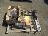 PALLET OF ASSORTED TOOLS, STRAPS & CHAINS