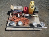 PALLET OF POD LIGHTS ON RAILS, (2) GAS CANS, ASSORTED TOOLS, NAILS & POWER CORDS