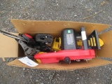 BOX W/ ASSORTED TOOLS INCLUDING - DEWALT DC759 1/2'' CORDLESS DRILL, DEWALT DW991 3/8' ADJUSTABLE