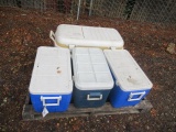PALLET W/ (4) ASSORTED COOLERS