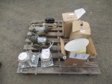 PALLET W/ (3) HANGING LIGHT FIXTURES, VANITY LIGHT FIXTURE, (2) RECESSED LIGHT CANISTERS & (2)