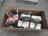 CRATE W/ ELETRICAL BOXES, TRUCK & VAN MIRRORS, ELETRIC CONTROLLER, BOX OF WIRE & TAP N DIE SET