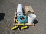 PALLET W/ (5) LONG REACH WASH BRUSHES, EXTENSION CORDS, GARDEN HOSE, WATER COOLER, SCRAPERS, BOX OF