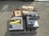 PALLET OF ASSORTED TOOLS INCLUDING - BOX OF HOLE SAW BITS, FIREPLACE TOOL SET, SPECTROLINE PC-1100A