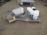 (7) BUCKETS W/ ASSORTED U BOLT FENCING CLAMPS, TOTE OF FENCING TOP CAPS FOR BARBED WIRE & BARBED