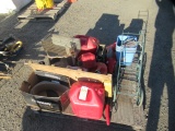 ASSORTED GAS CANS, FLOOR CREEPER, BASE MOLDING & MISC