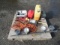 (2) PLASTIC FUEL CANS, BOX OF NAILS, EXTENSION CORD, POD LIGHT BAR & SMALL FLOOR JACK