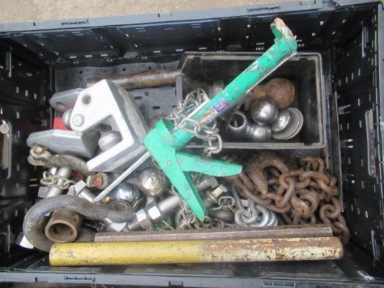 PLASTIC CRATE OF ASSORTED CHAINS, HOOKS, C TRAILER HITCH BALLS