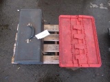 METAL TOOL BOX W/ CARPET STRETCH TOOLS & ASSORTED TOOLS, PLASTIC CRATE W/ PAINT ROLLERS & ROCKWELL