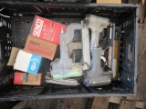 PLASTIC CRATE W/ (5) PNEUMATIC NAIL / STAPLE GUNS & BOXES OF NAILS / STAPLES