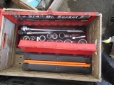 PLASTIC CRATE W/ASSORTED SOCKET SET & SAFETY TRIANGLES