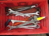 PLASTIC CRATE OF ASSORTED COMBINATION & PIPE WRENCHES