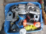 PLASTIC CRATE W/ASSORTED BATTERY POWERED DRILLS & HAND TOOLS, *NO BATTERIES OR CHARGERS