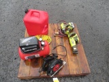 AIR COMPRESSOR100 PSI, 3 RYOBI BATTERY POWERED HAND TOOLS, SKILL SAW, & 6 GALLON GAS CAN