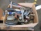 BOX W/ (2) HITCHES, WEIGHTS & ASSORTED HAND TOOLS