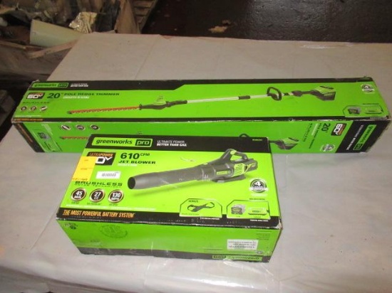 GREEN WORKS PRO CORDLESS 20'' POLE HEDGE TRIMMER & JET CORDLESS BLOWER W/ BATTERY & CHARGERS IN
